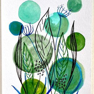 Garden Party Original Art Watercolor Painting Matted Frame Ready 8x10in